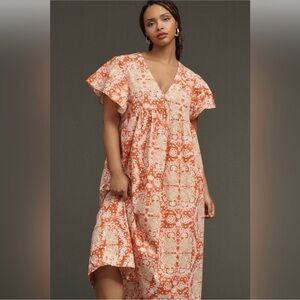 NWOT Anthropologie Maeve Coral and Beige Patterned Midi Dress Sz M